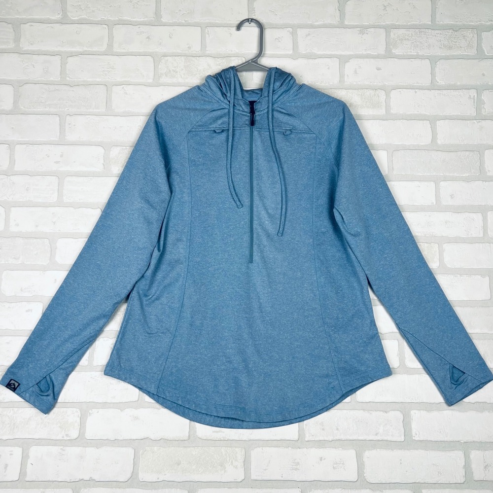 Storm Creek Womens Blue Heathered Quarter Zip Hoodie Thumbhole Active Top Large